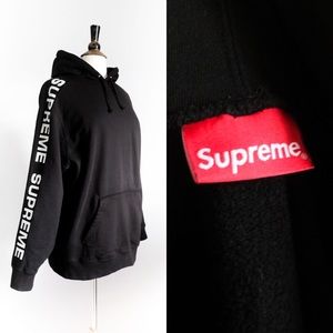 SUPREME Authentic Black Hoodie with Silver Metallic Logo Sleeves • M